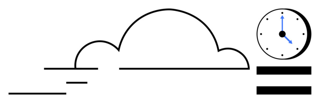 Minimalist cloud with motion lines and a clock symbolizing fast data transfer, efficient time management, and cloud services. Ideal for digital tools, scheduling, technology, business, productivity