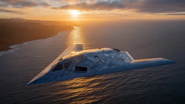 Futuristic naval drone gliding above calm ocean waters at sunset, sleek metallic hull reflecting warm golden light, sensor arrays and antennas clearly visible, advanced unmanned re