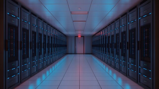Data center corridor with glowing server racks, modern network storage technology, cloud computing infrastructure and IT security concept