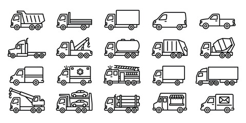 Trucks and delivery vehicles line icons set for transportation and logistics services