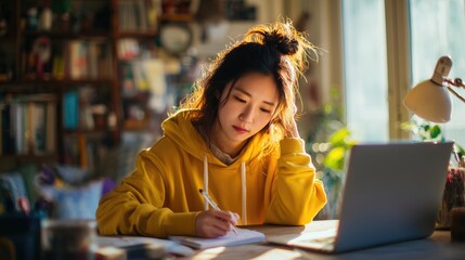 Female programmer coding in colorful workspace with illuminated screens