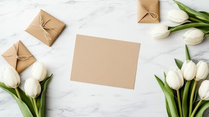 White tulips and wrapped gifts surround a blank card on a marble surface, perfect for a personal message or greeting on a special occasion