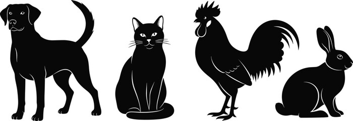 Collection of black vector silhouettes showing domestic animals including dog cat rooster and rabbit isolated on white background for veterinary or farm logo design.