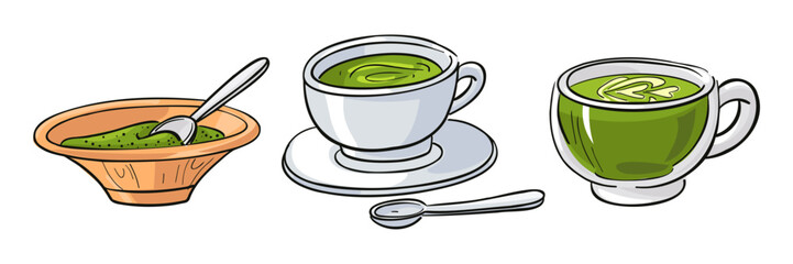 set hot matcha drinks served in cups, bowls spoons. Colorful isolated illustration with black outline. Perfect for cafe menus, tea branding, traditional Japanese cuisine, healthy drink advertising
