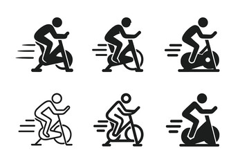 Indoor Cycling Icons. A person practicing indoor cycling, focused on endurance and intensity. Icon set. Set Logo of A person practicing indoor cycling, focused
