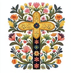 Ornate Golden Christian Cross with Vintage Floral Design and Colorful Flowers on White Background