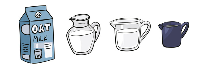 set of illustrations from package oat milk. Milk in jug, measuring cup, pitcher. Illustration with black outline. Perfect for cafe menus, vegan food blogs, healthy recipe books, plant-based materials.