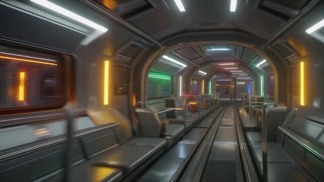 Futuristic Subway Train Ride Through Neon Lit Tunnel.