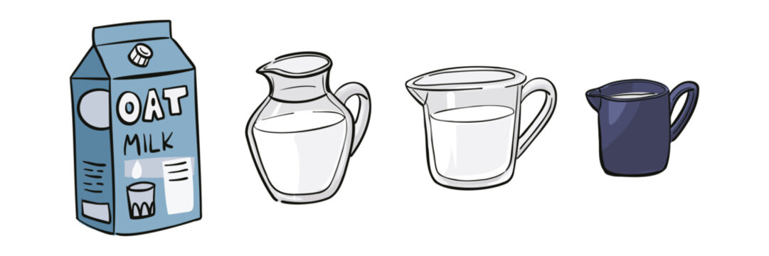 set of illustrations from package oat milk. Milk in jug, measuring cup, pitcher. Illustration with black outline. Perfect for cafe menus, vegan food blogs, healthy recipe books, plant-based materials.
