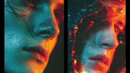 Neon glitch effects applied on digital portraits, creating distorted glowing visuals, cyberpunk aesthetics, perfect for NFTs, digital art, and futuristic character designs.