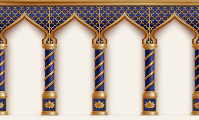 Fototapeta premium Colorful white and golden pillars beneath grey and gold arches realistic