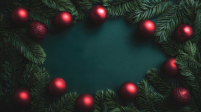 Rich emerald flat lay with matte red baubles, pine branches forming natural frame and wide empty center  - Powered by Adobe