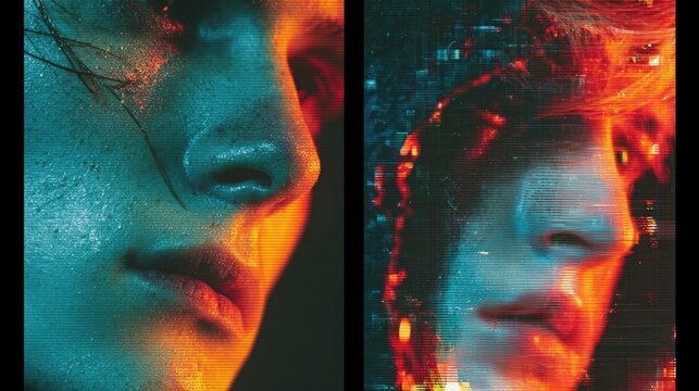 Neon glitch effects applied on digital portraits, creating distorted glowing visuals, cyberpunk aesthetics, perfect for NFTs, digital art, and futuristic character designs.