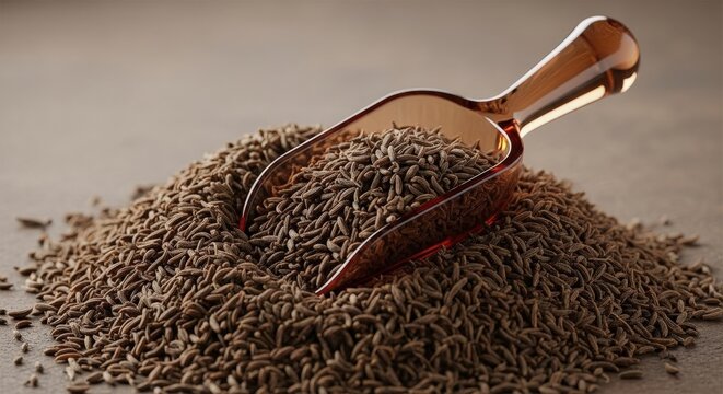 Pile of cumin seeds with a scoop on a brown surface in horizontal format