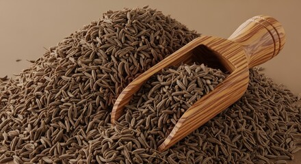 Pile of cumin seeds with wooden scoop on brown surface in studio shot