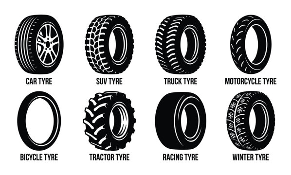 Tyre icon set car suv truck motorcycle bicycle tractor racing winter tire symbol