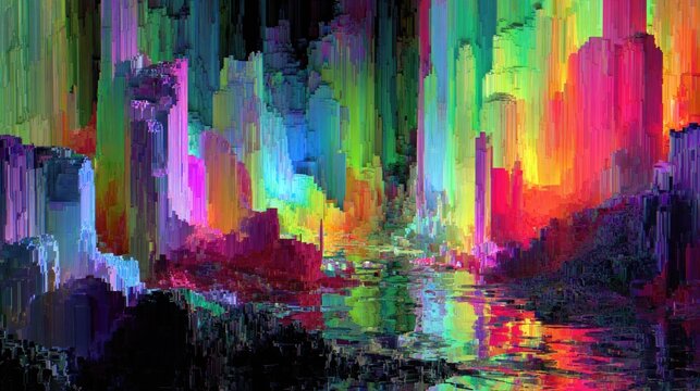 Neon glitch art visuals with distorted color overlays, pixel fragments, and futuristic abstract effects for digital design and tech expression - Powered by Adobe