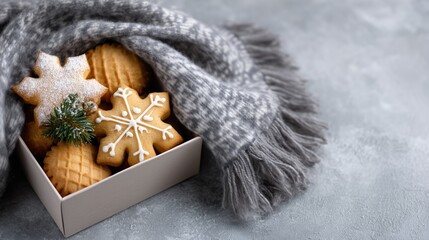 Gift box with ribbon and holly leaves filled with cranberry cookies on white background, minimalist Christmas present concept for branding, greeting card and holiday marketing