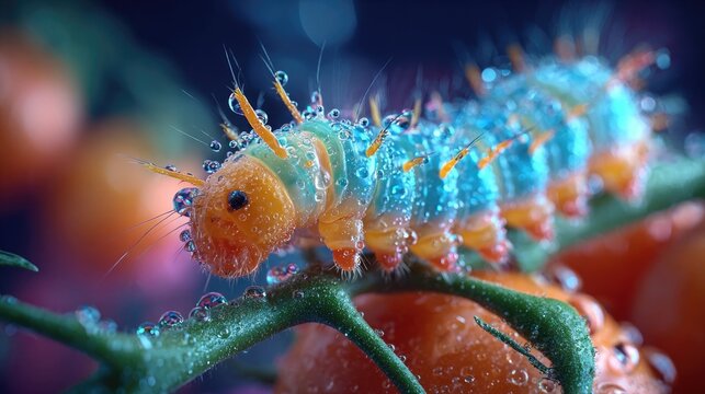 Neon glowing caterpillar crawling on tomato fruit, macro insect detail with vibrant segmented body glowing under stylized night garden lighting