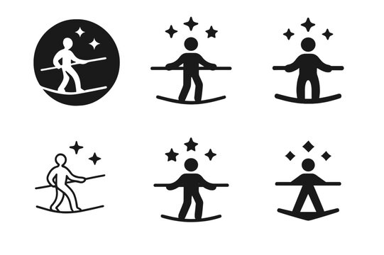 Juggling and Balancing Icons. Learning juggling or balance tricks. Icon set. Set Logo of learning juggling or balance tricks: tightrope walker balancing with
