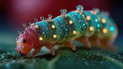 Neon glowing caterpillar crawling on tomato fruit, macro insect detail with vibrant segmented body glowing under stylized night garden lighting