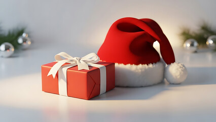 Red christmas gift box and santa hat on white surface