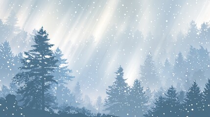 Vector illustration of snow-covered landscape, pine trees and falling snowflakes, creating a serene and peaceful winter scenery atmosphere. Ideal for winter-themed creative projects and designs.