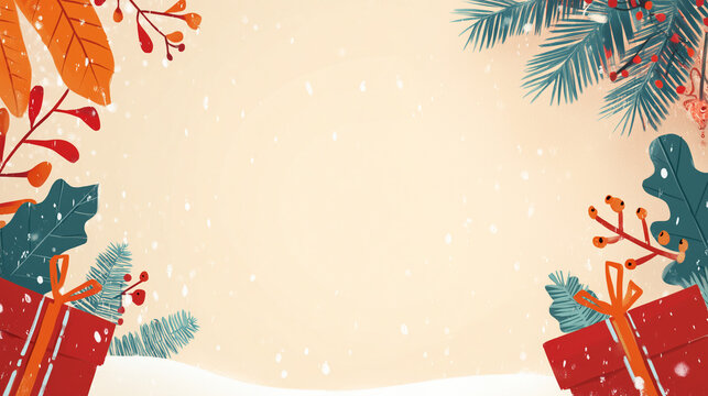 Moldura ilustrada de Natal com presentes, galhos e neve, ideal para cart&otilde;es, campanhas sazonais e pe&ccedil;as festivas com espa&ccedil;o central para textos e mensagens