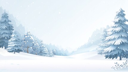 Vector illustration of snow-covered landscape, pine trees and falling snowflakes, creating a serene and peaceful winter scenery atmosphere. Ideal for winter-themed creative projects and designs.