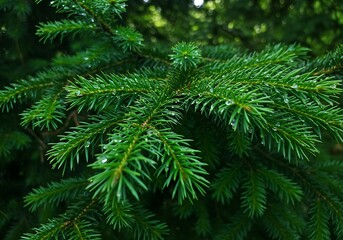 Close up of fresh vibrant green spruce tree branches nature