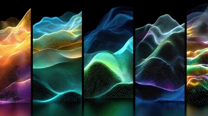 Neon glowing abstract landscapes showcasing vibrant colors, dynamic glowing forms, futuristic design perfect for digital backgrounds, NFTs, and creative art projects.