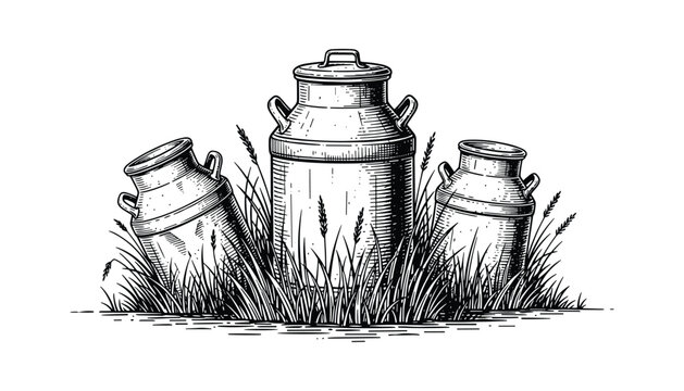 Vintage milk cans surrounded by tall grass, capturing a rustic farm scene in a hand-drawn sketch style