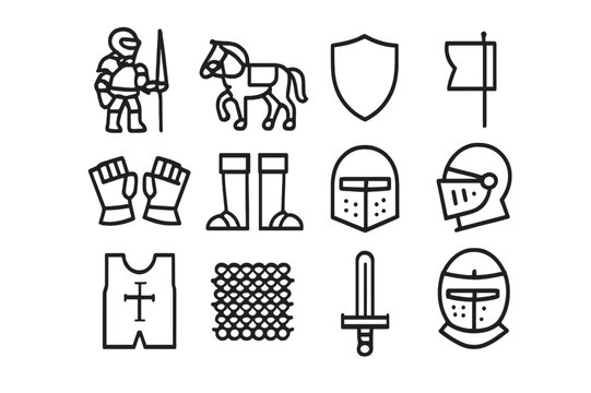 Knight and Horse Icons. Knight & Horse. Line icon set of Knight & Horse: armored knight, horse, lance, shield, banner, gauntlets, boots, helmet, visor, tabard,