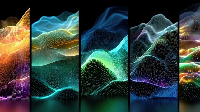 Neon glowing abstract landscapes showcasing vibrant colors, dynamic glowing forms, futuristic design perfect for digital backgrounds, NFTs, and creative art projects. - Powered by Adobe