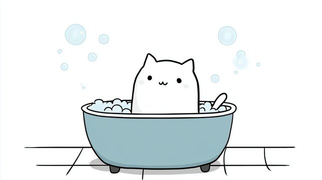 Naklejki Flat cartoon illustration of white cat in blue bathtub with bubbles, clean hygiene and relaxation concept for kids art, animation, kawaii character or design background