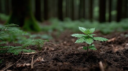 Sustainability hero: tender green sprout in rich soil, soft sunlit forest bokeh, copy-space for ESG report cover or eco-campaign poster