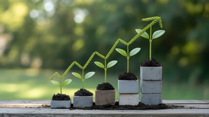 Green plant seedlings growing in ascending order symbolizing financial growth, sustainability, business development, success, and investment concept