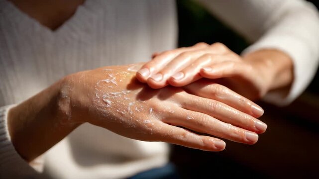 Hands applying soothing cream to eczema patches, skin texture magnified, soft lighting emphasizing relief, care, and medical attention