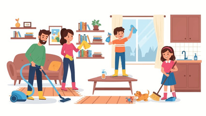 Happy family working together to clean their home, illustrating a joyful household routine with parents and children sharing chores and responsibilities