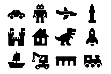 Fototapeta premium LEGO Creation Icons. LEGO creations. Solid icon set of LEGO creations: car, robot, plane, tower, castle, house, dinosaur, spaceship, boat, crane, bridge,