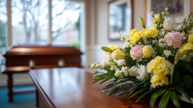 Funeral flowers arrangement with yellow and white blooms near wooden casket in ceremonial room, sympathy and remembrance concept for memorial design - Powered by Adobe