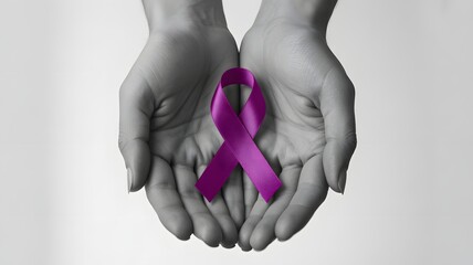 Human hands gently holding pink awareness ribbon symbolizing care, hope, cancer prevention, support, and medical health campaign concept