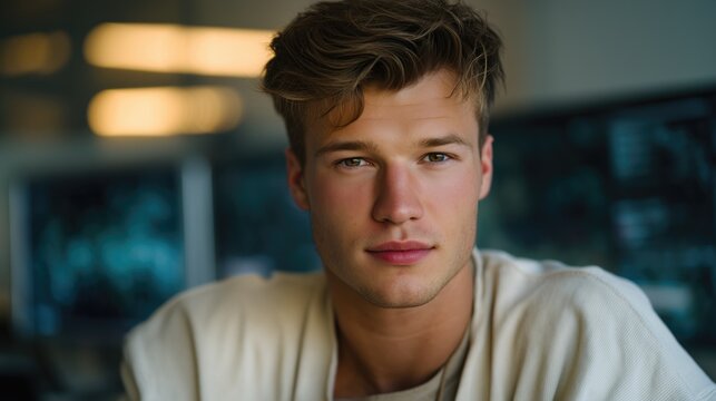 Portrait of young man in modern office with computers, professional technology and innovation concept for business, IT and digital work environment