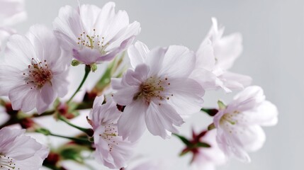 Soft Pink Cherry Blossom Branches Against White Background. Ideal for spring themes, nature, beauty, wellness, and romantic visuals.