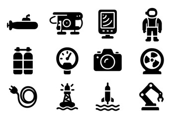 Marine Technology Icons. Marine technology. Solid icon set of Marine technology: submarine, underwater drone, sonar device, diving suit, oxygen tank, pressure