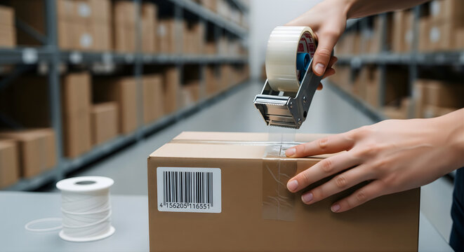 Sealing cardboard box with tape dispenser in warehouse environment for secure packaging and shipping while surrounded by stacked boxes and shelves in modern logistic center