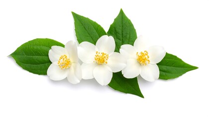 Fototapeta premium Three white flowers with yellow centers and bright green leaves on a white background, casting subtle shadows