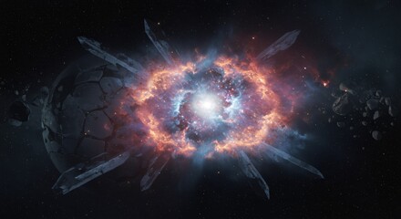 Planet explosion in cosmos. Asteroid floating in deep space. Cosmic disaster with light and dust nebula. Space background for science fiction theme.