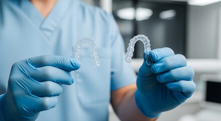 Dentist holding clear aligners used for teeth straightening in hand wearing blue gloves and uniform in modern dentistry clinic ensuring optimal teeth alignment and oral health