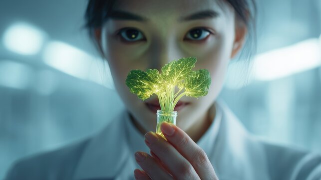Scientist holding glowing green plant in glass vial, biotechnology and innovation concept for sustainable science and genetic research